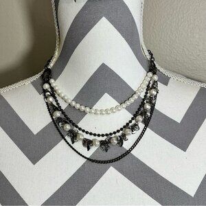 4 Layer Dark Brown Metal Chain Link White Pearls Sequin Leaf Necklace Casual